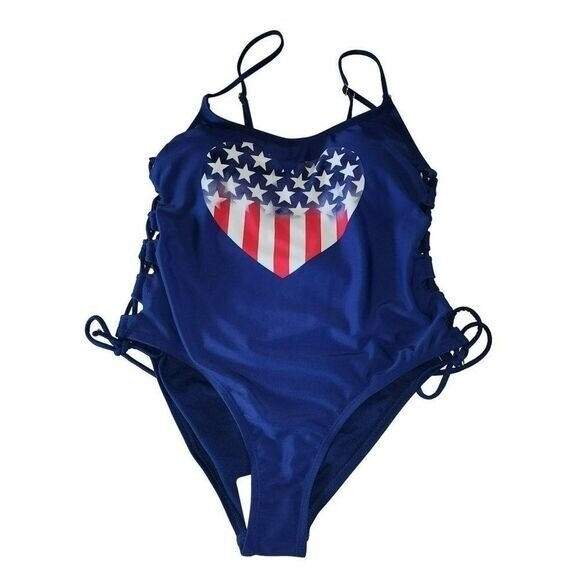 California Waves July 4th Heart Blue Swimsuit One Piece Size L Patriotic Day NEW - Picture 3 of 9